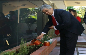 Secretary (East) @AmbSaurabhKumar planted a herbal sapling of rosemary at the Embassy herbal garden today.